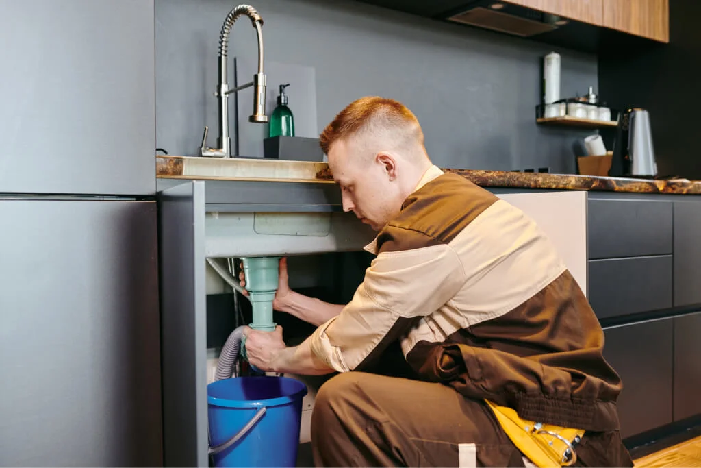 Plumber in uniform checking plumbing equipment in Dubai