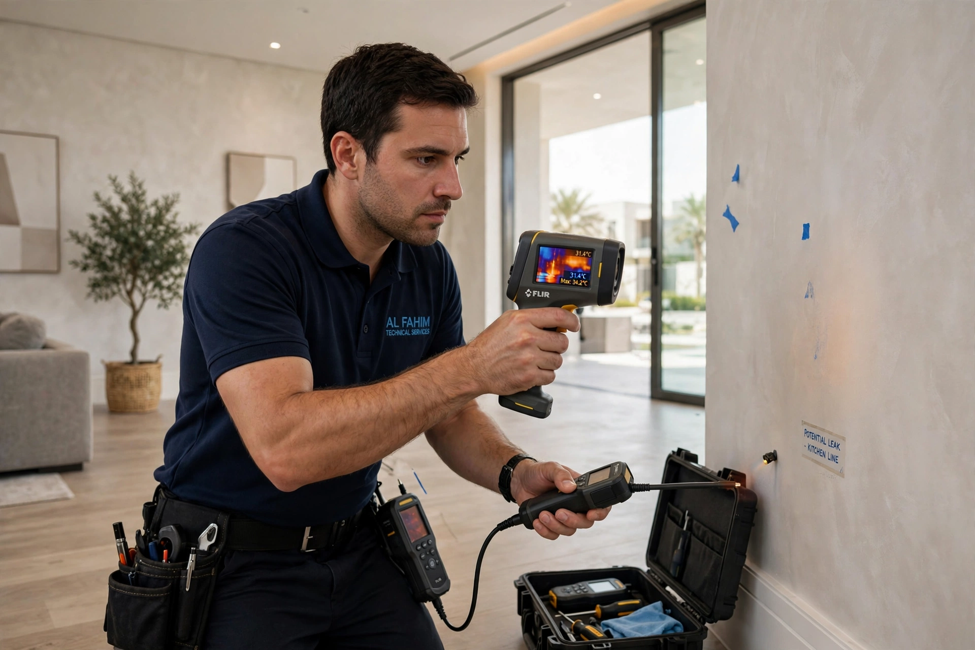 Plumber detecting leaks in Dubai home
